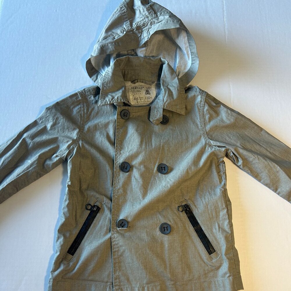 Zara kids double breasted brown rain jacket with removable hood, 4-5T